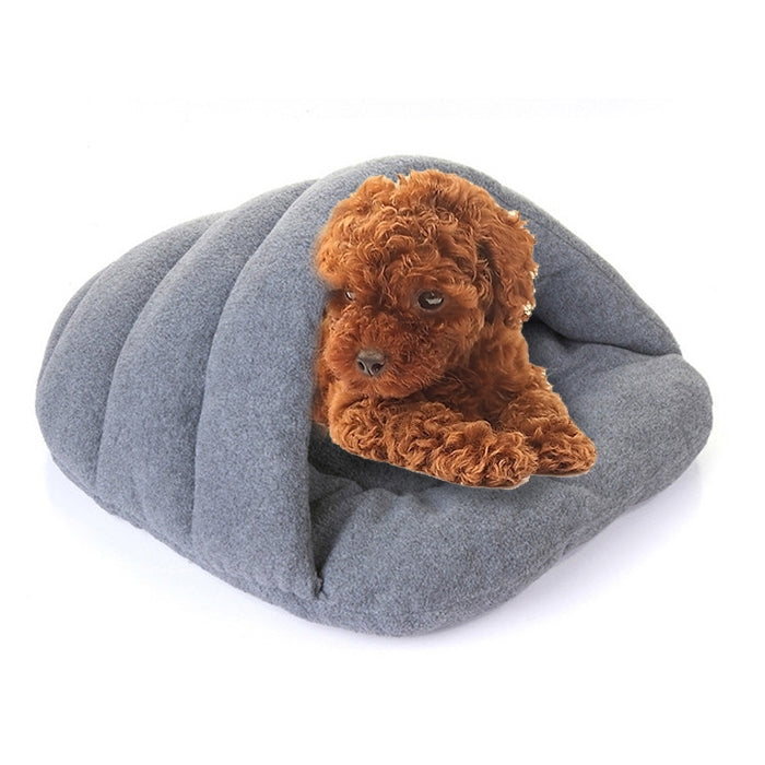 Slipper-shaped fleece pet house bed, size L, gray, with dog curled in