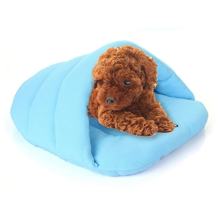 Slipper-shaped fleece pet house bed, size L, light blue, with dog resting inside