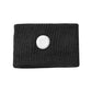 Black knit wristband with round white button, shown flat for anti-nausea use.