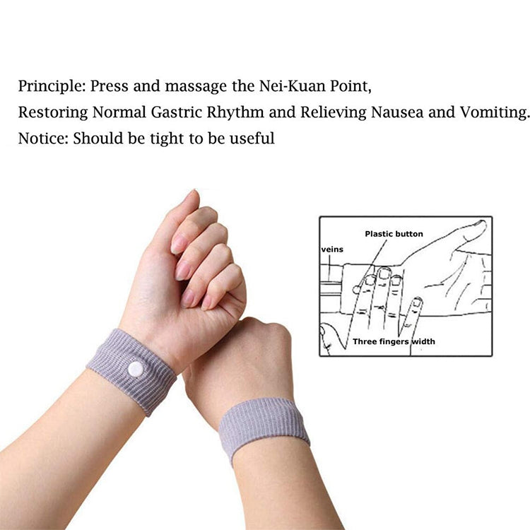Gray anti-nausea wristband with round white button on a person’s wrist.