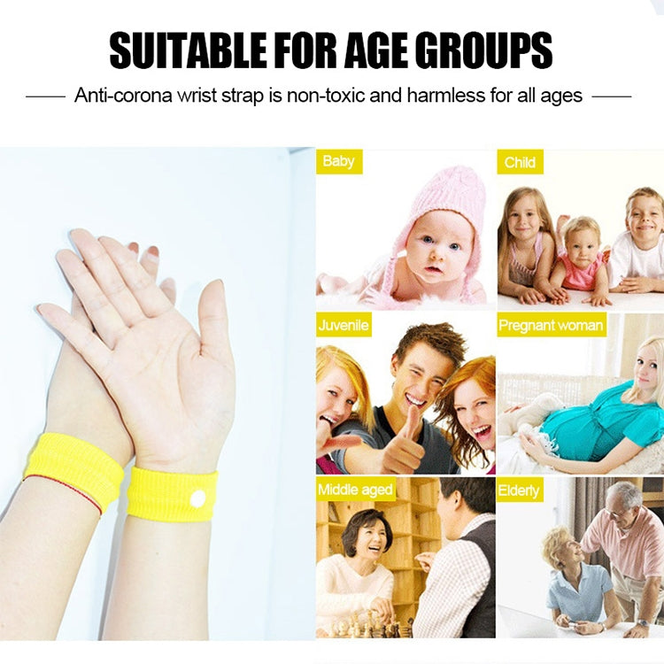 Yellow anti-nausea wrist strap with round white button worn on a hand.