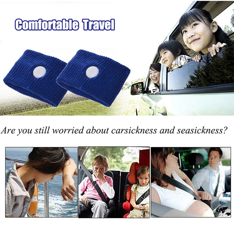 Two blue anti-nausea wristbands with round white buttons displayed for travel use.