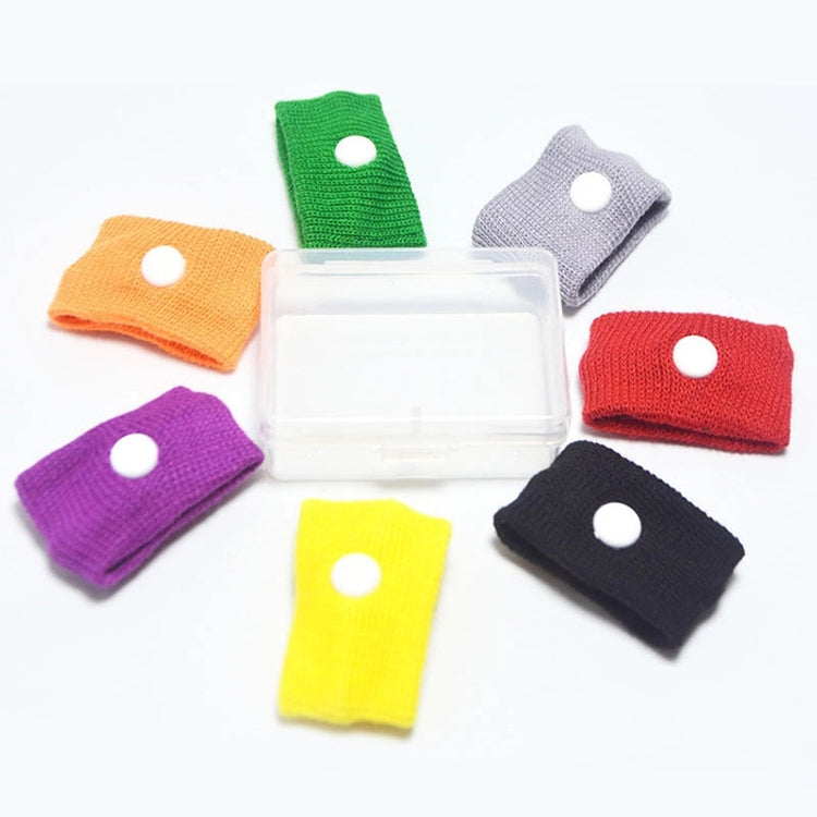 Colorful anti-nausea wristbands set in green, orange, purple, yellow, red, black.