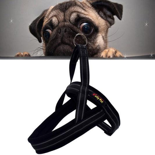 Black reflective dog chest harness with adjustable straps and metal O-ring