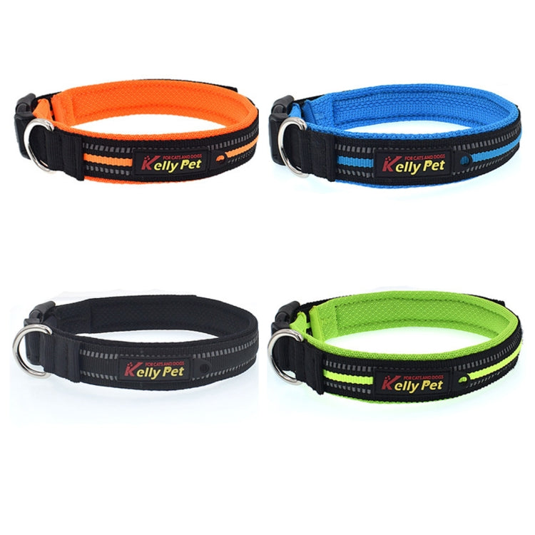 Reflective dog collars in orange, blue, black, and green with metal D-rings