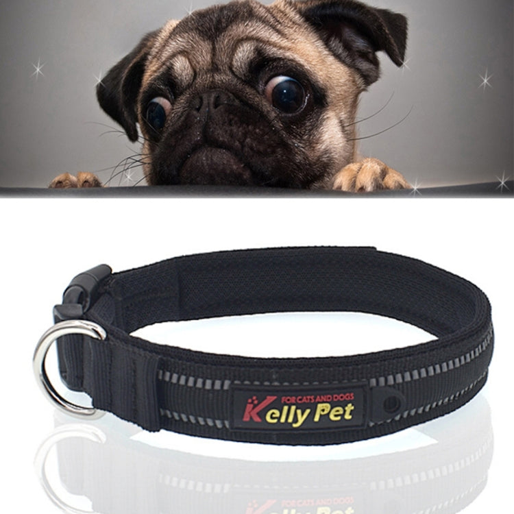 Black reflective dog collar with stitched webbing and metal D-ring buckle