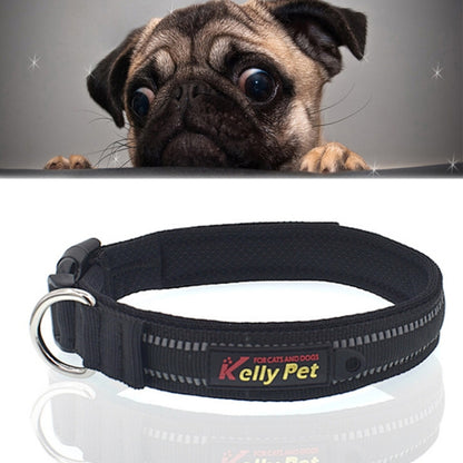 Black reflective dog collar with stitched webbing and metal D-ring buckle
