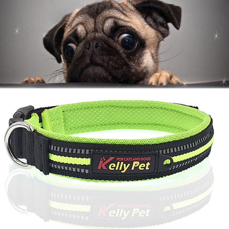 Neon green reflective dog collar with black trim and metal D-ring