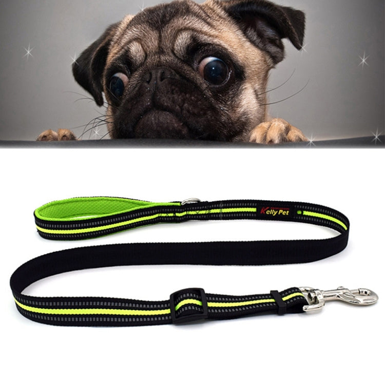 Green-accent reflective nylon dog traction lead leash with metal clasp and adjustable handle
