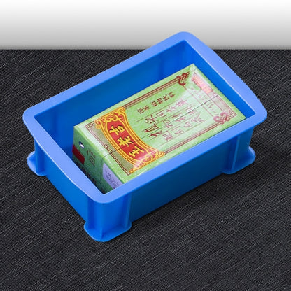 Blue plastic parts box with open top and rounded corners, flat organizer tray