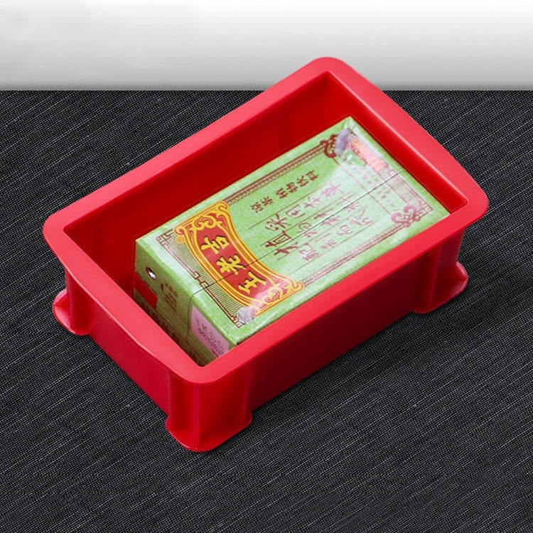 Red plastic parts box with open top and rounded corners, flat organizer tray