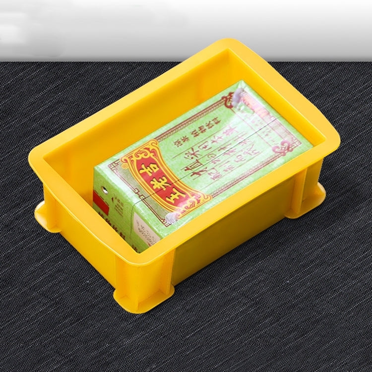 Yellow plastic parts box with open top and rounded corners, flat organizer tray