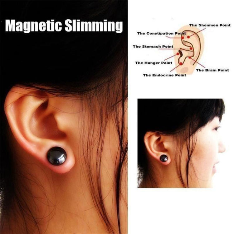 Round black magnetic earrings worn on ear, shown with close-up hair detail