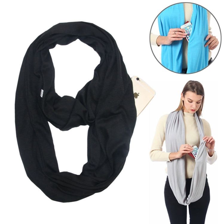 Black solid winter infinity scarf with pocket loop, layered infinity style