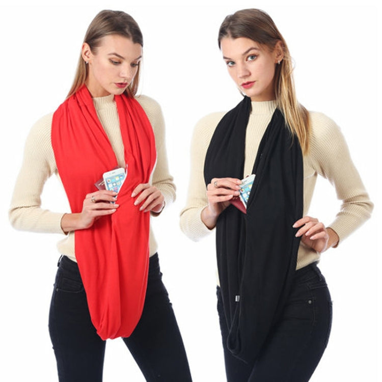 Women’s red and black infinity scarves with zip storage pockets