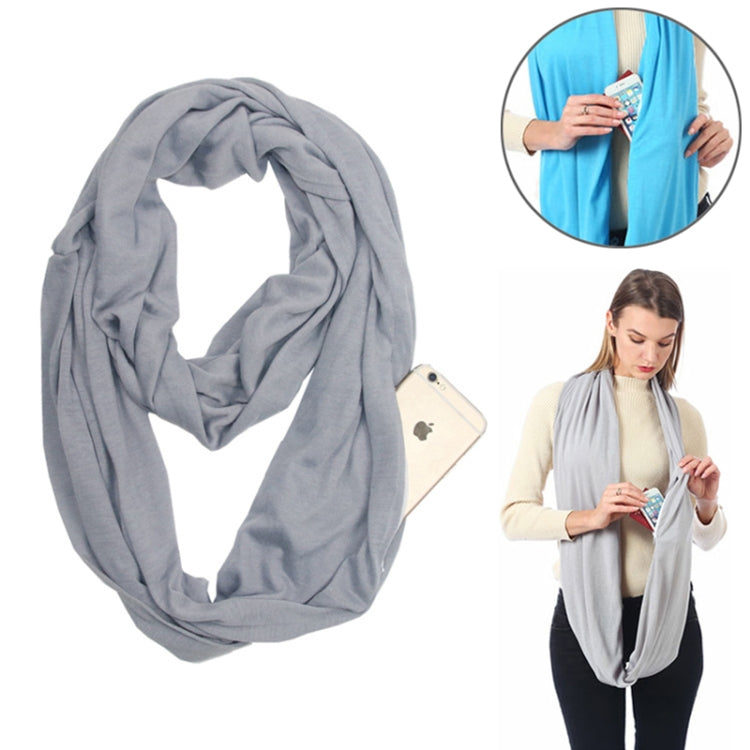 Women’s light grey infinity scarf with zip storage pocket and loop design