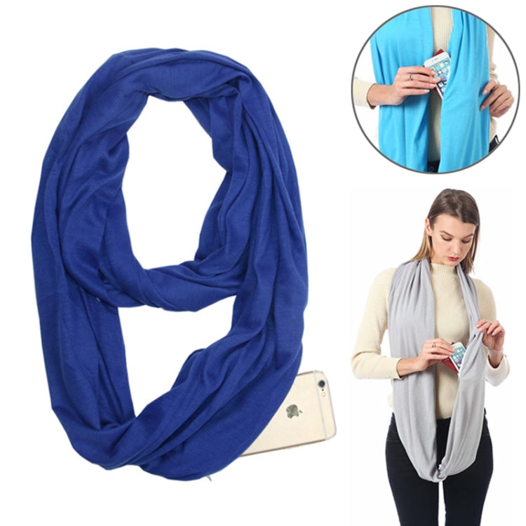 Navy blue solid winter infinity scarf with pocket loop, draped cowl style