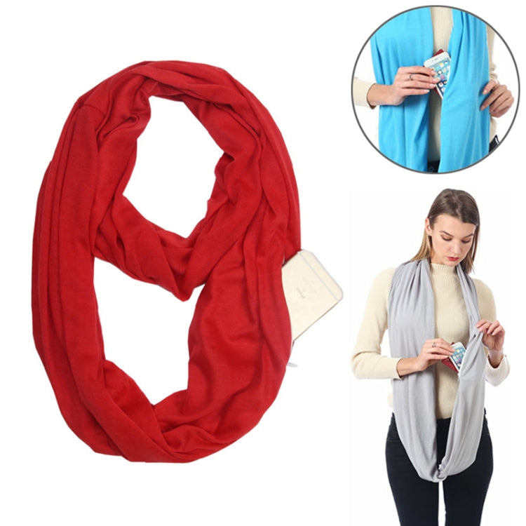 Red solid winter infinity scarf with pocket loop, chunky draped cowl