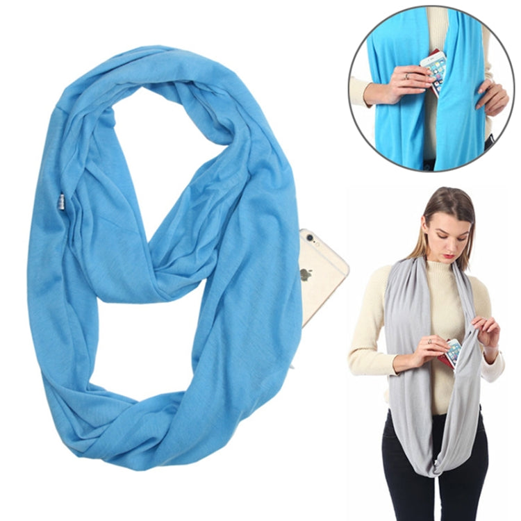 Light blue solid winter infinity scarf with pocket loop, wide cowl drape