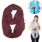 Women’s wine red infinity scarf with zip storage pocket and loop design