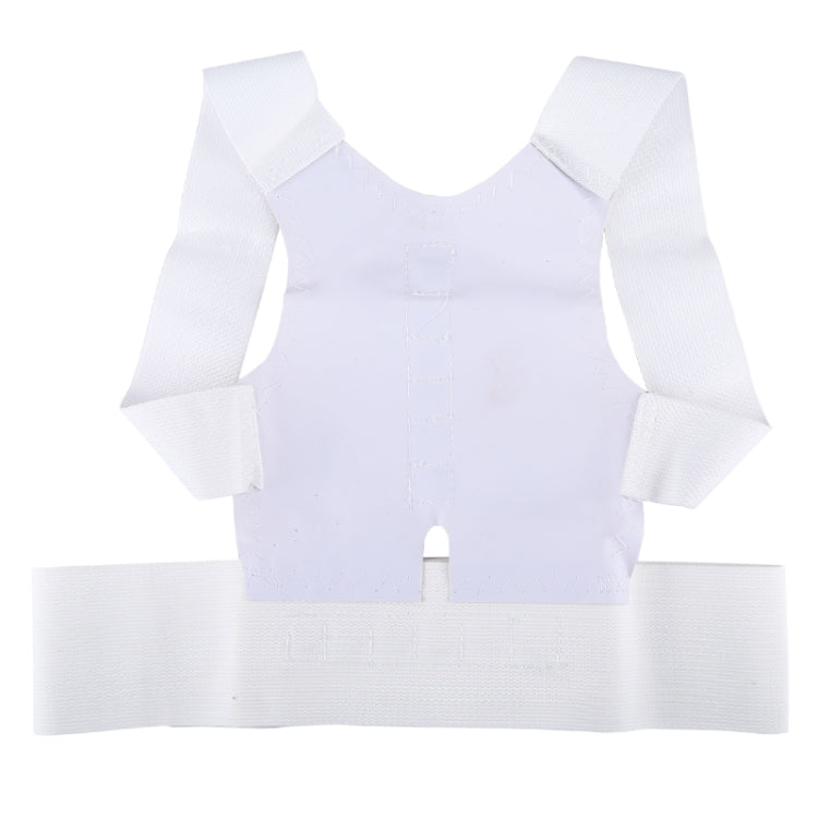 White back support vest brace with wide shoulder pads and elastic waist belt.