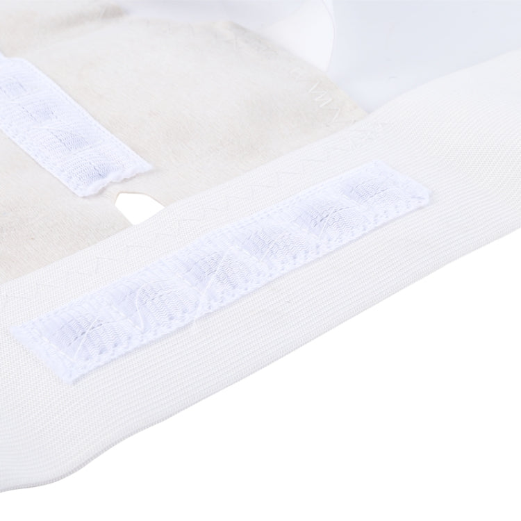 White elastic brace strap with stitched fabric texture and adjustable closure tab.