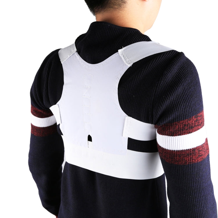 Back brace vest over black sleeves, showing white front panel and elastic shoulder pads.