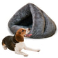Grey triangular plush pet kennel bed for cats and dogs, open tunnel entrance