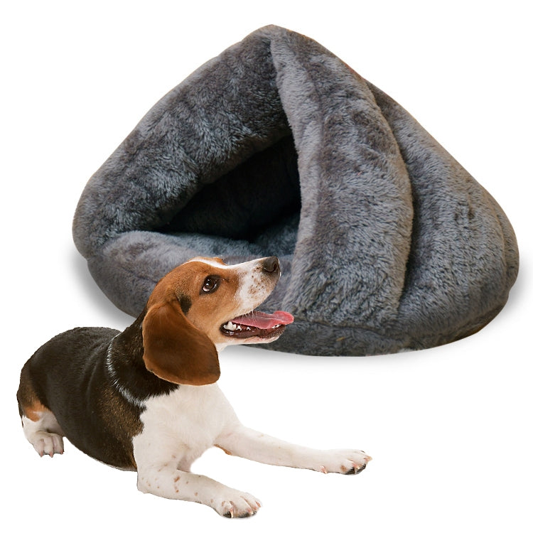 Grey triangular plush pet kennel bed for cats and dogs, open tunnel entrance