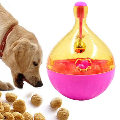 Dog food leakage tumbler toy in pink and clear yellow with bell feeder window