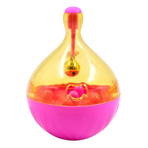 Pink and clear yellow dog food leakage tumbler toy with bell and front feeder door