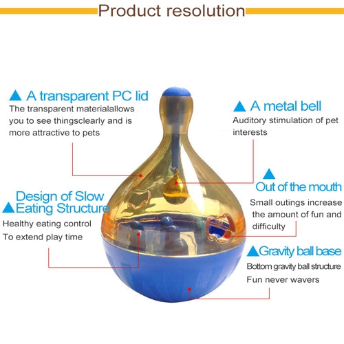 Dog food tumbler feeder with clear PC lid, metal bell, and gravity ball base