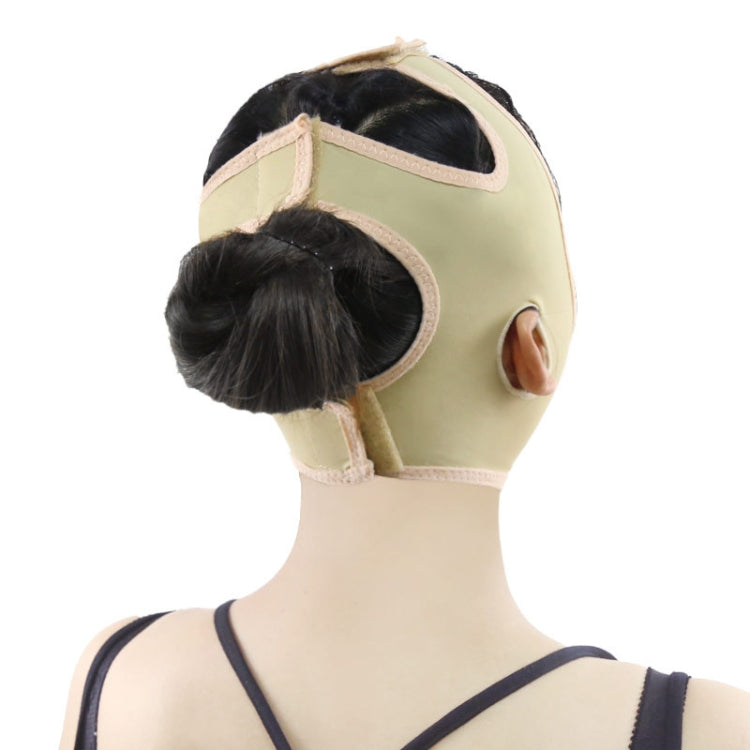 Flesh-colored double chin mask face belt on head, featuring ear cutouts and chin panel