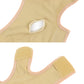 Beige fabric face mask belt with stitched openings for fit