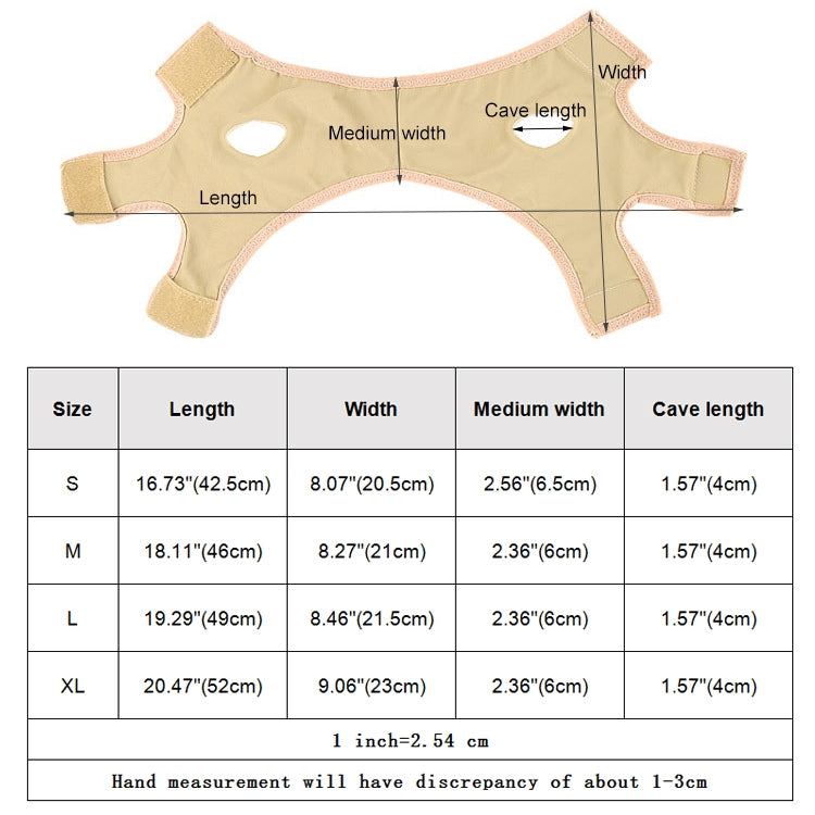 Size chart for beige chin lift mask belt, length and width measurements (S)