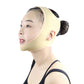 Beige chin lift face mask belt worn on face, side view