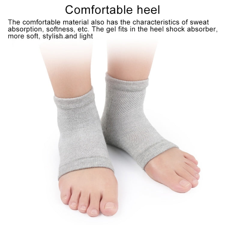 Gray heel gel socks on both feet with ribbed cuff and soft knit finish