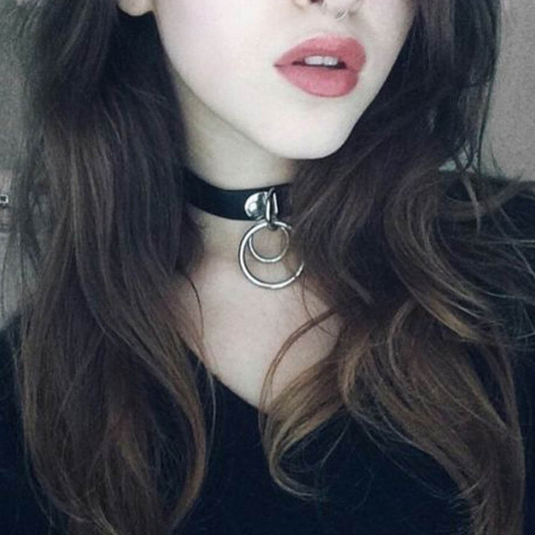 Black leather punk choker necklace with silver dual rings and adjustable holes