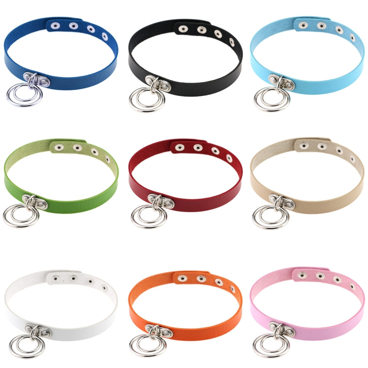 Collection of colorful leather choker collars with silver dual rings