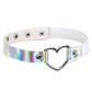 Iridescent heart-shaped collar choker with round eyelets and metal heart clasp