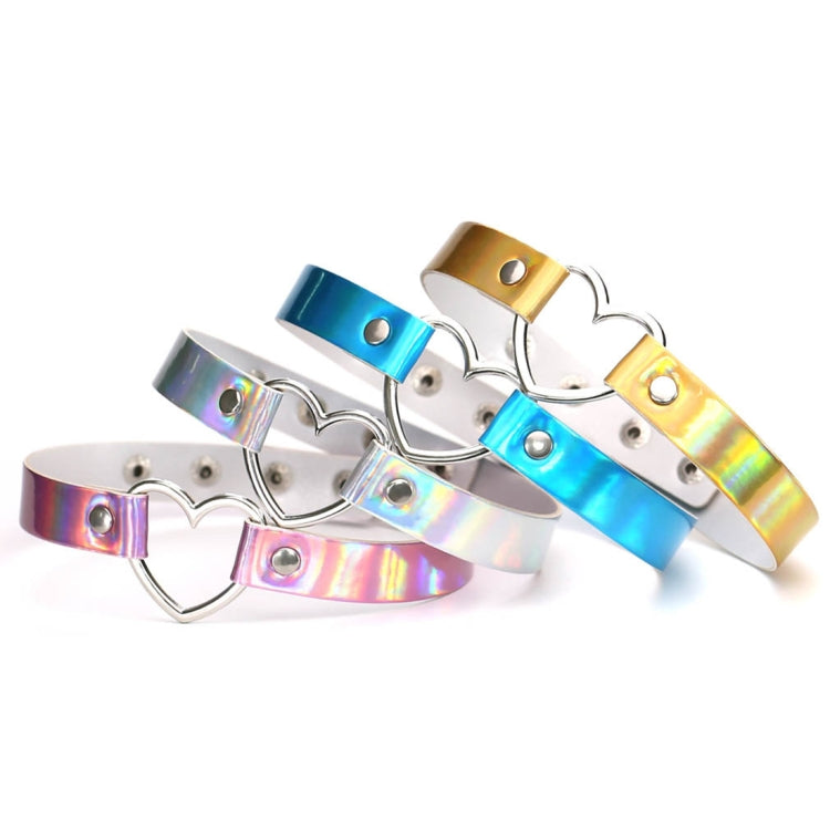 Set of heart-shaped collar choker necklaces in iridescent silver, blue, and gold tones