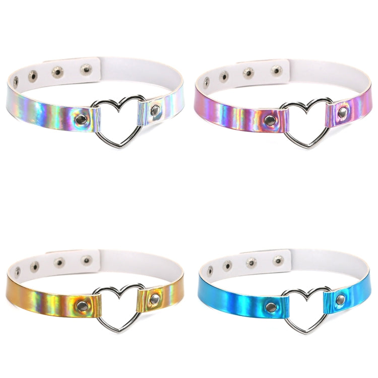 Four heart-shaped collar chokers in iridescent rainbow tones with metal heart clasps