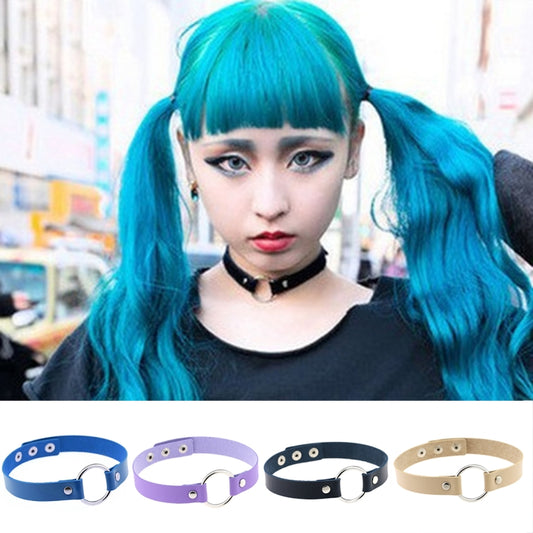 Blue leather collar bracelet with metal ring and hole-studded strap