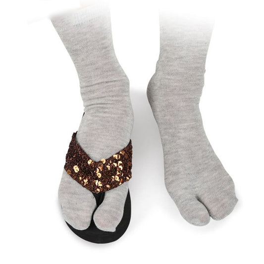 Two-toe light gray Geta-style correction socks with brown sequin strap