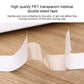 Transparent curved double-sided adhesive tape pads on a wooden surface