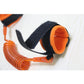 Orange coiled leash with black fabric wrist cuff and padded loop holder.