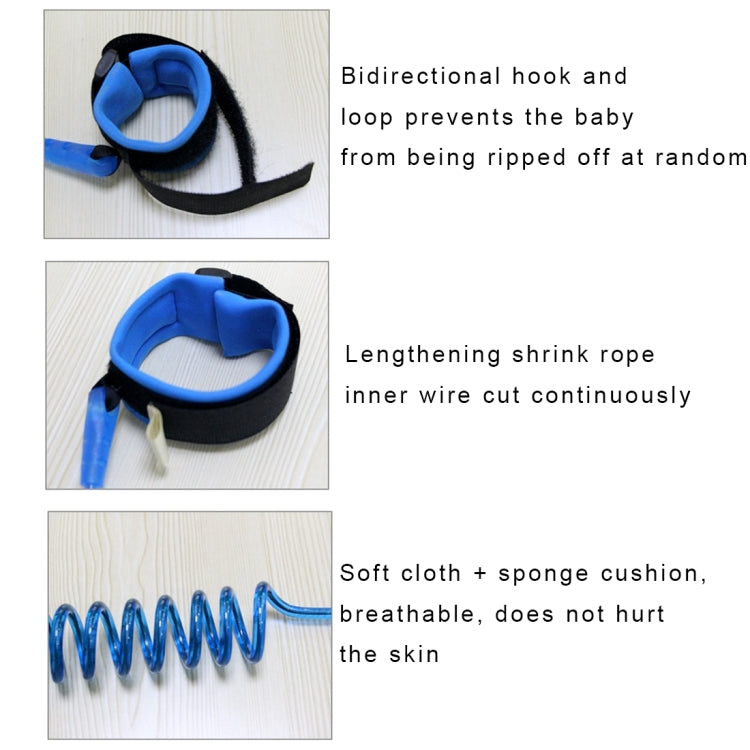 Blue anti-lost wrist leash with padded fabric cuffs and coiled spring rope.