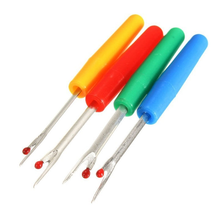 Small seam remover stitch cutter set with yellow, red, green, and blue plastic handles