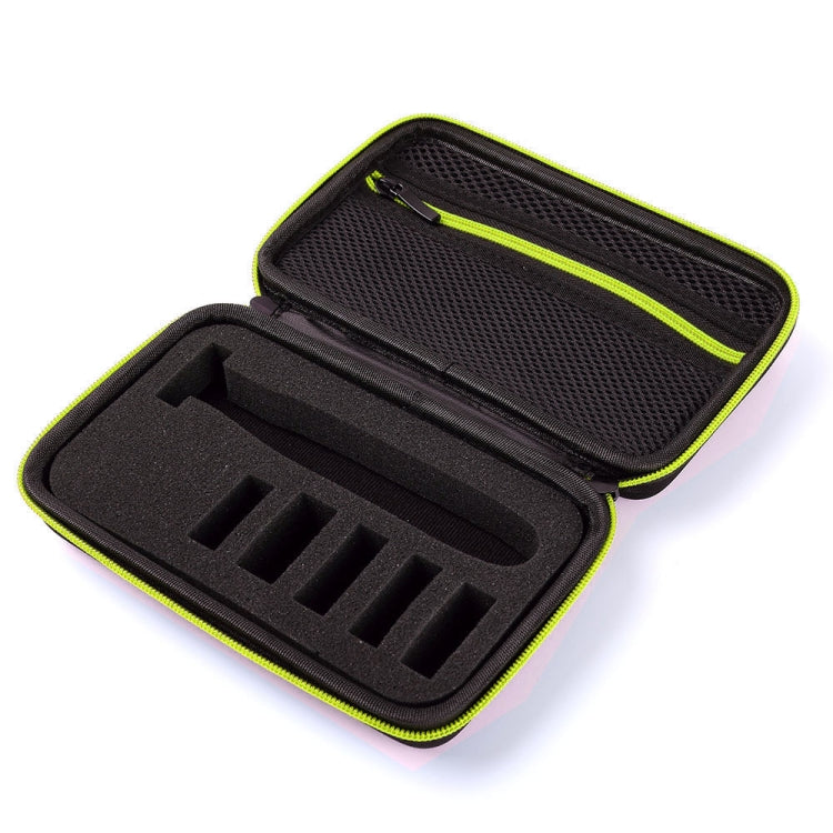 Black EVA shaver case with molded tray, mesh top compartment, and zipper