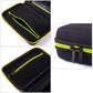 EVA shaver case detail with mesh holder and double zipper, neon-green trim